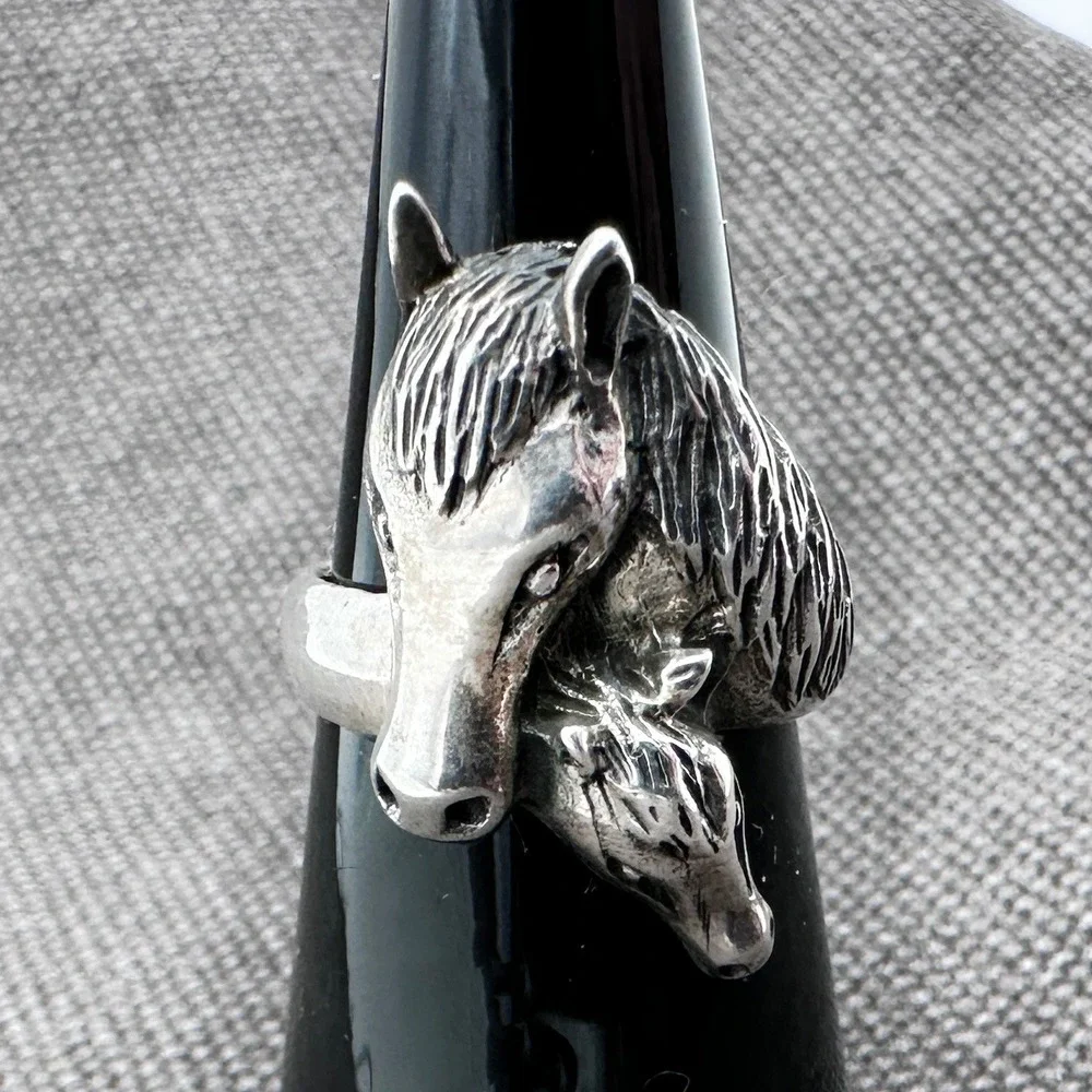 925 Sterling Silver‎ Mare & Foal Statement Ring Size 6.5 Equestrian Western